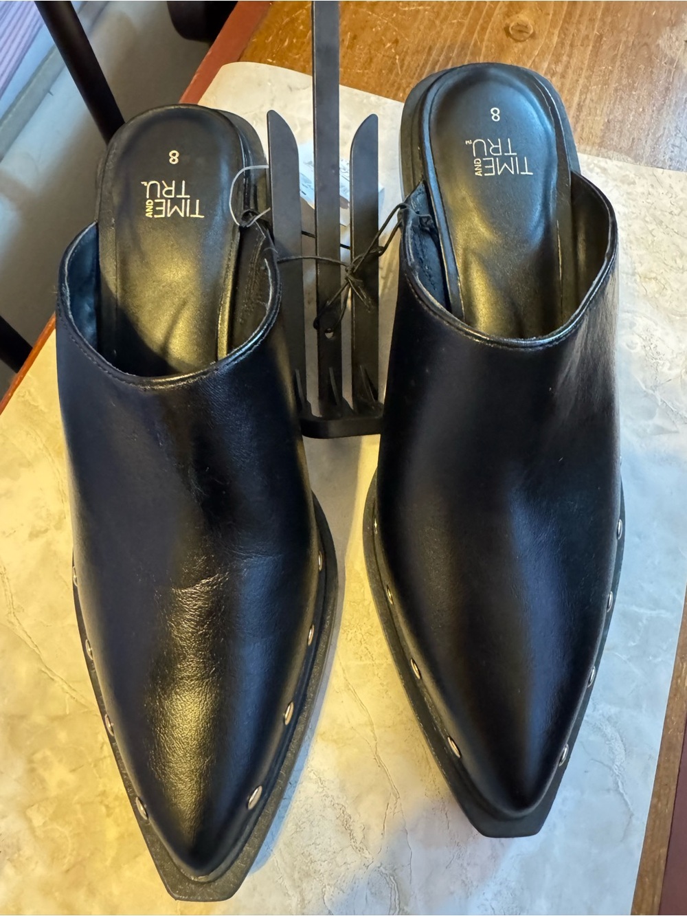 Time and Tru Black Pointed Slip-On Mule with Gold Stud Detail Size 8